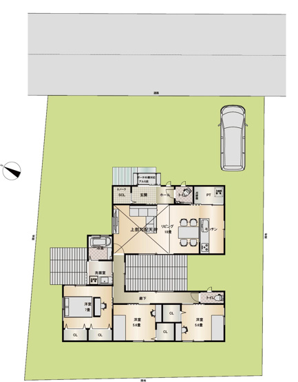 【その他】 | 富田林市寺池台二丁目　古家付売地 | 【建物プラン例配置図】贅沢な97坪超の広さを活かした平屋。中庭を囲む設計で心地よく自然光を取り入れます。