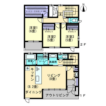 鹿児島市大明丘三丁目戸建ての間取り|豊富な収納はもちろん、1階のランドリールームや2階のワークスペースなどが備えられた便利な間取が魅力です。