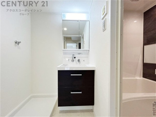 化粧品や洗顔料、歯ブラシなどの必需品をまとめて置ける収納スペースがあり、使用するたびに取り出す手間が省けます。また、水回りのため、濡れても大丈夫な素材が使用されており、お手入れが簡単です。
