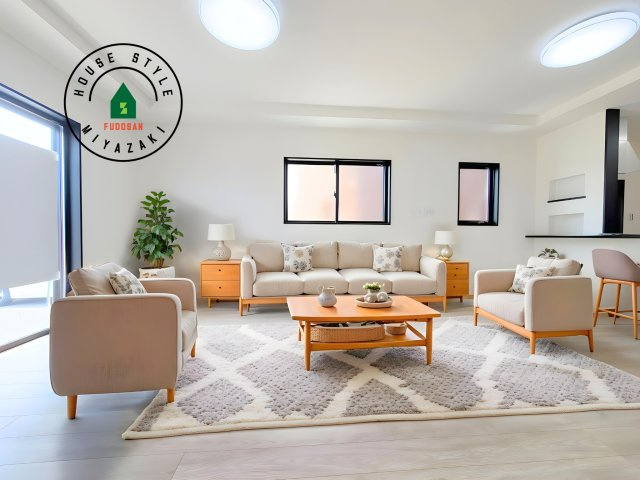 パティオニュータウン北高鍋（16号棟）の居間・リビング|キッチンからリビングをしっかり確認できます。家族の笑顔があふれる空間になりそうですね。※家具はCGを合成したものです。