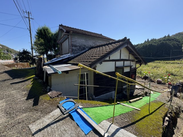 高岡郡佐川町加茂の外観|宅地部分。現状では小さな坂（緑の滑り止め部分）を下りる形になっています。向かって右が畑部分です。