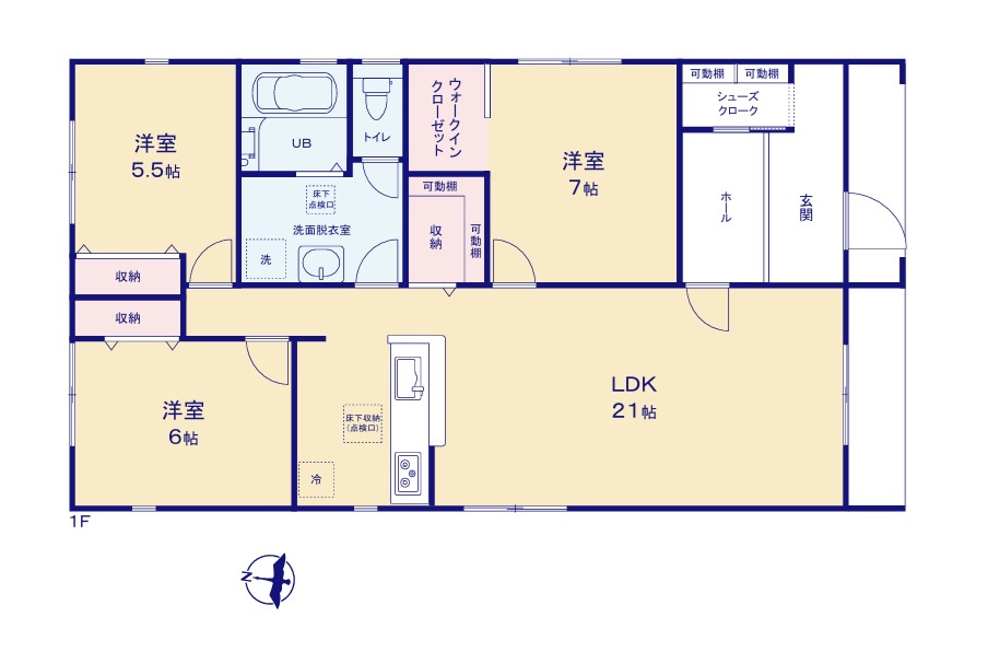 リーブルガーデン  城里町石塚　14期　2の間取り|　
☆各部屋を最大限に広く使って頂ける様、全居室に大容量の収納付き。玄関もスッキリ、SIC配備。水廻りコンパクトで家事動線ラクラクです♪