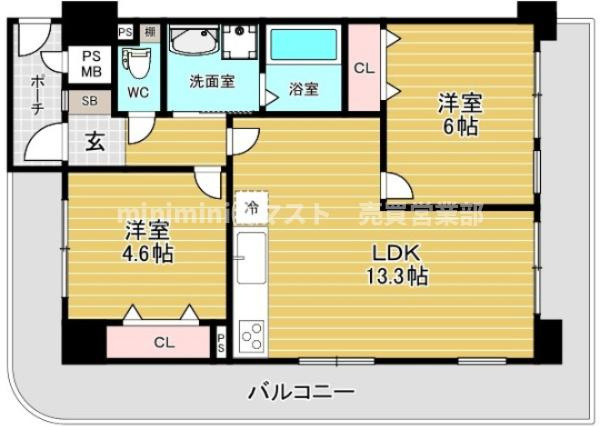 ビーバードルチェ阿波座の間取り|◆2LDK、価格3180万円、専有面積54.4m2、バルコニー面積23.53m2
