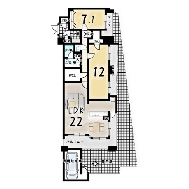 サーパス西向日の間取り|LDK広々約２２帖！床暖房付き！専有面積約１００平米！専用駐車場！専用庭付きの１階南東角部屋！