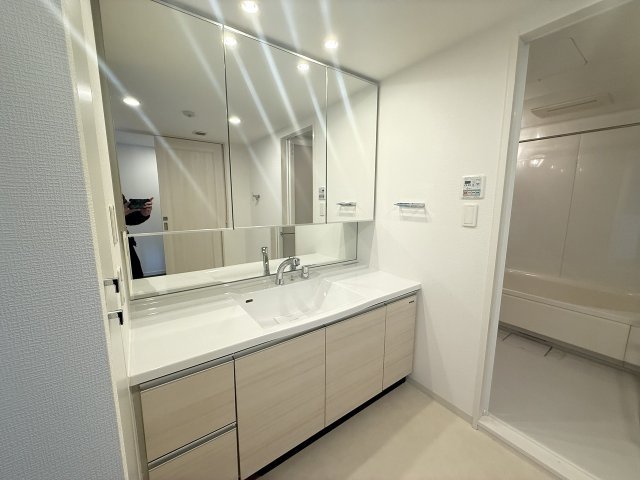 レーベンリヴァーレ南大沢　ヒルズ棟の独立洗面台|～３面鏡付きの独立洗面台　細々している物をスッキリ収納出来ます～