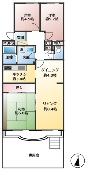 【間取り】 | 川越グリーンパーク　M-1号棟 | 専用庭付きです。（月額500円)
※図面と現況が異なる場合は現況を優先させて頂きます。