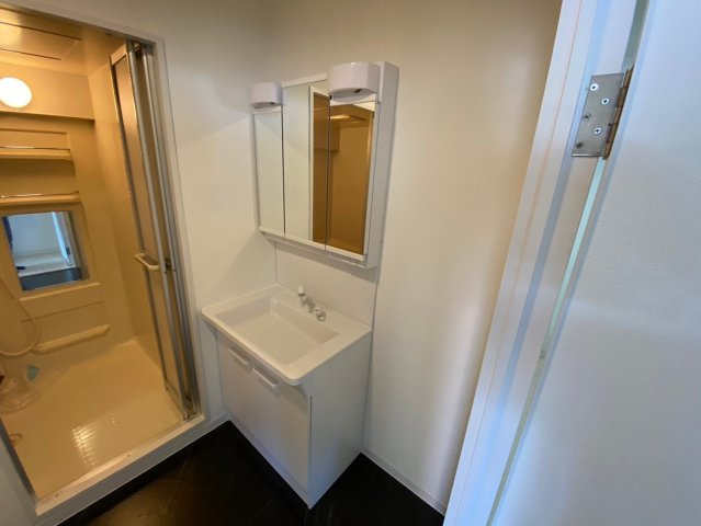 セザール喜多山の独立洗面台|収納力と機能性を兼ね備えた洗面化粧台です。ワイドな三面鏡で朝の準備もスムーズです♪