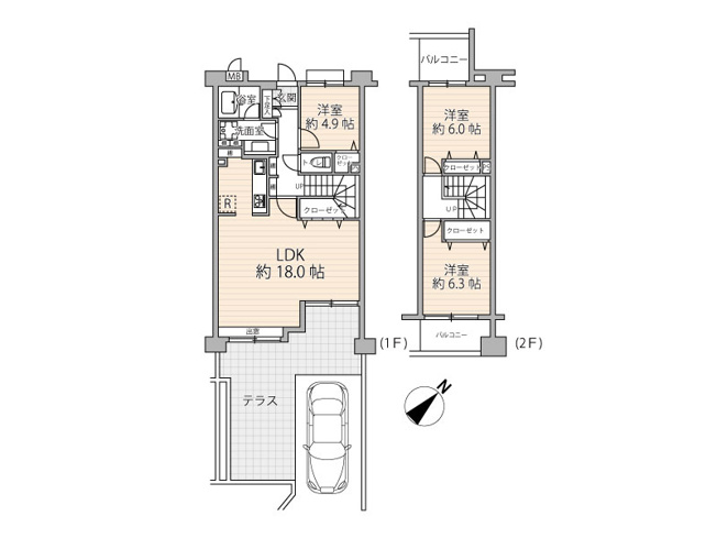 【間取り】 | ザ・ステイツ志木パークステージ　(丸井志木店) | 専用駐車場付きで、戸建てのような2階建て感覚が楽しめる魅力的なマンションです。1階には広々としたLDK、2階にはプライベート空間があり、家族それぞれの時間を大切にします。