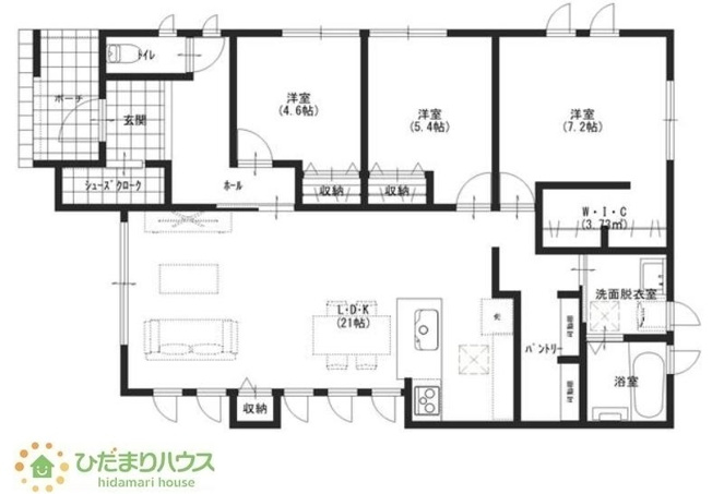 【間取り】 | つくば市大角豆　新築戸建 | 7.2帖の広々寝室には大容量Ｗ.Ｉ.Ｃ付き(^^♪