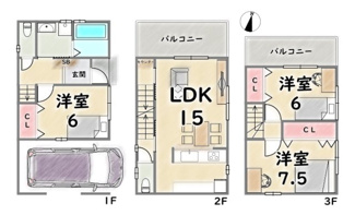 【参考プラン】 | 右京区嵯峨苅分町　建築条件付 | 《参考プラン》建物価格：2000万円（税別）　延床面積：95.99平米（1F:37.26平米　2F:30.38平米　3F:28.35平米）
