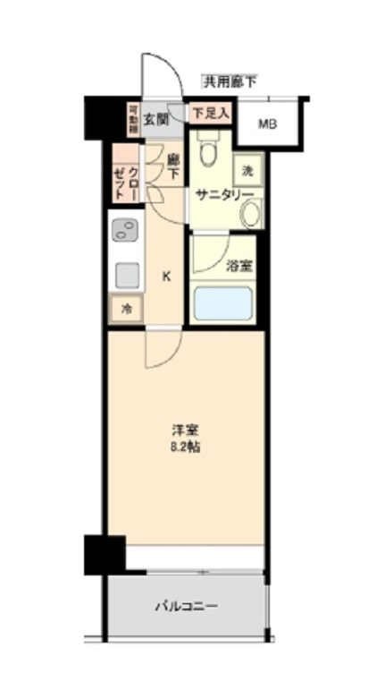 クレヴィスタ大森西の間取り|西向きバルコニー洋室8.2帖の1Kバストイレ別独立洗面台！
玄関脇廊下部分にクローゼットがあるので、居室を広々使えます。