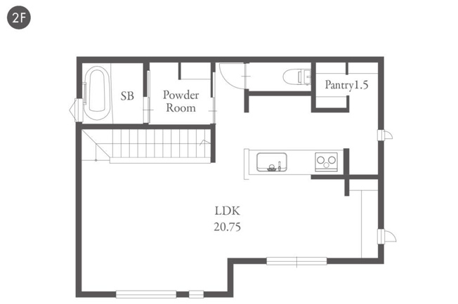 【間取り】 | 糸島市高田５丁目　戸建て　4号地 | 20帖以上の広々としたリビングはご家族のだんらんにピッタリ。キッチン奥にパントリースペースがあり、調理器具や食品ストックなどをスッキリと収納できます