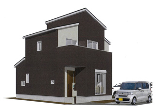 【外観パース】 | 通風、採光に優れた心地のいい新築戸建てが誕生！モダンなデザインが目を惹きます。外観も内装も、お客様の「あったらいいな」を形にできるようにこだわりました♪ゆったりリビングが魅力の物件です☆