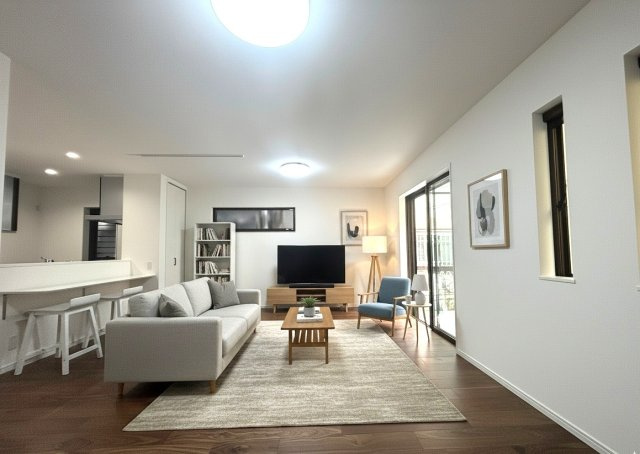 新築一戸建／ふじみ野市大井中央4丁目の居間・リビング|設計の工夫により、生活空間を最大限に確保しました。 大型家具を置いても圧迫感がなく、広々としたLDKは、家族の絆を深めるこの家の中心です。 広さ、デザイン、機能性を兼ね備えた、新しい暮らしの舞台です。