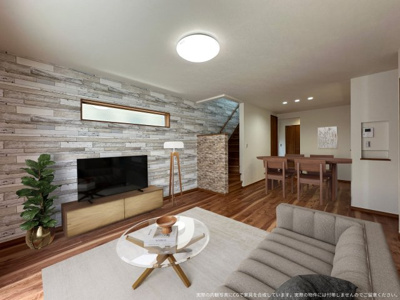 【居間・リビング】 | 【1号棟　LDK　家具設置イメージ】
※画像内の家具家電はCGで作成したイメージです。実際の物件には付帯致しません。