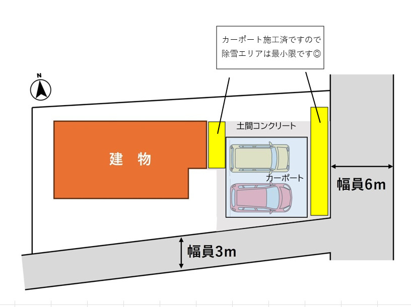 村山市楯岡二日町の区画図|カーポート付きのため、冬の除雪範囲が少なくなり、負担が軽減されます。