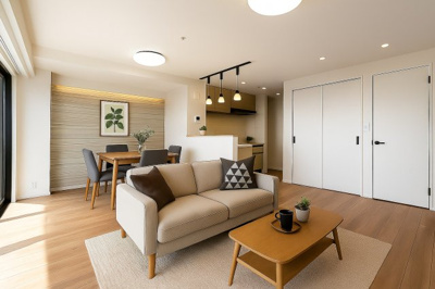 【居間・リビング】 | 【上質リノベ】フローレンス井口台 | 【約17.1帖】
ハイリノベーションブランドの『グレイスビスタ』
日常の中に気品あふれる空間を創造し、
日々の営みに、さらなる彩りを添えて暮らしを豊かに。
また、使いやすくデザイン性の高い設備も選定。