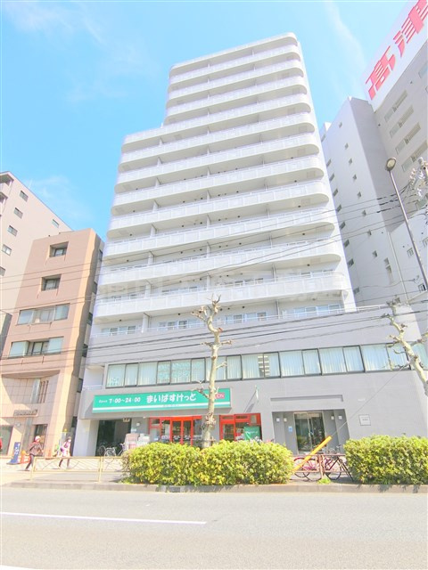 パインコート梅屋敷の外観|1階まいばすけっと！外観　1992年4月築　RC鉄筋コンクリート造地上14階地下1階建て1R～3LDK総戸数75戸の人気賃貸マンション　京急本線梅屋敷駅近京急蒲田駅も徒歩圏内の東京都大田区東蒲田1丁目