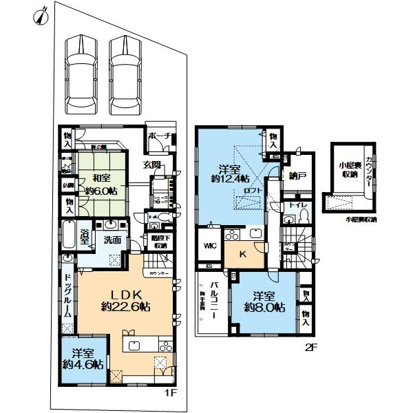 西宮市上甲子園二丁目戸建ての間取り|１階86.09㎡、2階62.34㎡　４LDK＋納戸