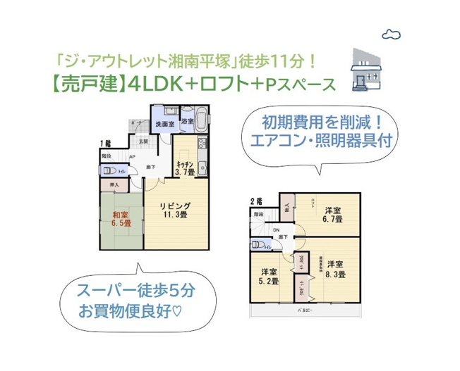 【間取り】 | ※新生活の初期費用を、グッと抑えられる（エアコン・照明器具付き）　
全室収納に加え、ロフト・屋根裏収納を備えた収納にゆとりあるお住まいです♪