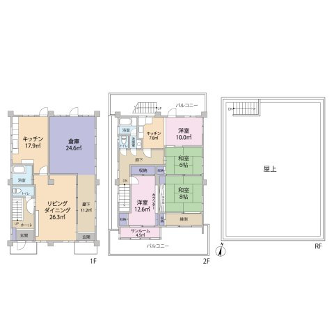 ４ＬＤＫ+倉庫　倉庫は多目的にお使い頂けます。2階は両面バルコニー、広々とした屋上もございます。