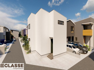 【外観パース】 | 城陽市久世里ノ西　売土地　建築条件付き | ・参考プラン価格：2320万（別途外構費154万、造成費等-万）　　　　
・建物価格は参考価格になります。
（弊社標準建物 26坪で計算した価格です）　　　　　　
・参考プラン延床面積：86.52㎡　