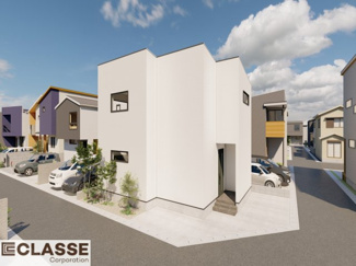 【外観パース】 | 城陽市久世里ノ西　売土地　建築条件付き | 参考プランになりますので、お客様のお好みの外観を一緒に作らせていただきます。外壁には、メンテナンスが楽な光セラを採用しており、汚れがつきにくく、色あせもしにくいのでおススメです！