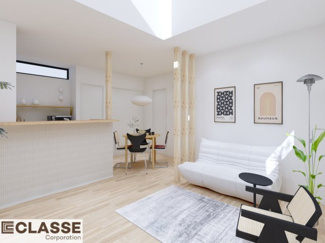 【完成予想図】 | 城陽市久世里ノ西　売土地　建築条件付き | アトリエスタイルハウス仕様の窓はペアガラス、サッシはアルミ×樹脂複合のハイブリットサッシを採用。ガラスの間には断熱性の高いアルゴンガスを充填しておりますので、より断熱性能が高まる仕様になっております。