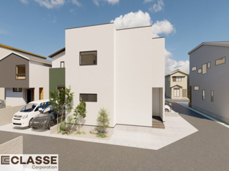 【外観パース】 | 城陽市久世里ノ西　売土地　建築条件付き | 弊社標準仕様（アトリエスタイルハウス仕様）では、耐震等級3相当が標準です。間取りにもよりますので、設計士に確認しながら、ご希望の間取りとの兼ね合いで考えていきましょう。