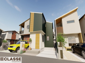 【外観パース】 | 城陽市久世里ノ西　売土地　建築条件付き | 標準仕様（アトリエスタイルハウス仕様）で断熱材は気密性、断熱性能も高い、吹付断熱を採用。屋根断熱を実現していますので、お家全体が冬はあったかく、夏は涼しいお家づくりが可能です。