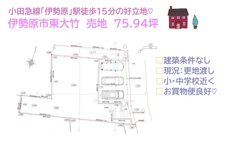 伊勢原市東大竹　売地　75.94坪の土地図|毎日の通勤・通学時間を短縮できる小田急線「伊勢原」駅徒歩１５分◎　
小・中学校近く、ドラッグストア（徒歩５分）暮らしやすい住環境に、思い描く理想の住まいを建築しませんか♪