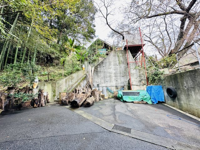 伊勢原市東富岡　店舗兼住宅の大型ログハウスの前面道路含む現地写真