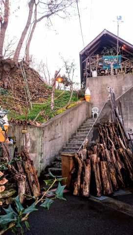 伊勢原市東富岡　店舗兼住宅の大型ログハウスの前面道路含む現地写真