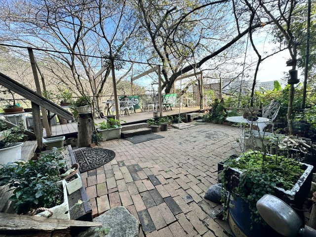 伊勢原市東富岡　店舗兼住宅の大型ログハウスの庭