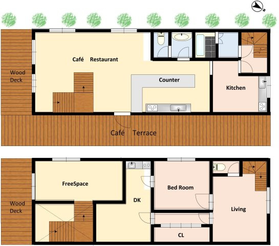 伊勢原市東富岡　店舗兼住宅の大型ログハウスの間取り