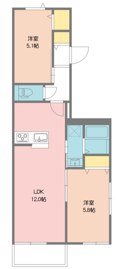 【間取り】 | シャルドーネ | 12帖からなるLDKと2つの洋室からなる間取です