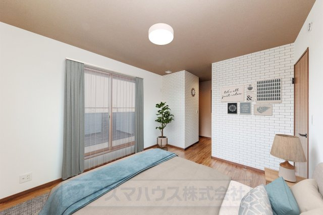 【寝室】 | ライフフィールド美原区黒山　2号地 | 大型ベッドも設置可能、ゆったり7帖の主寝室！落ち着いた内装仕様で、どこよりもリラックスできる空間に。※実際の室内写真にCGで家具等を配置しております。
