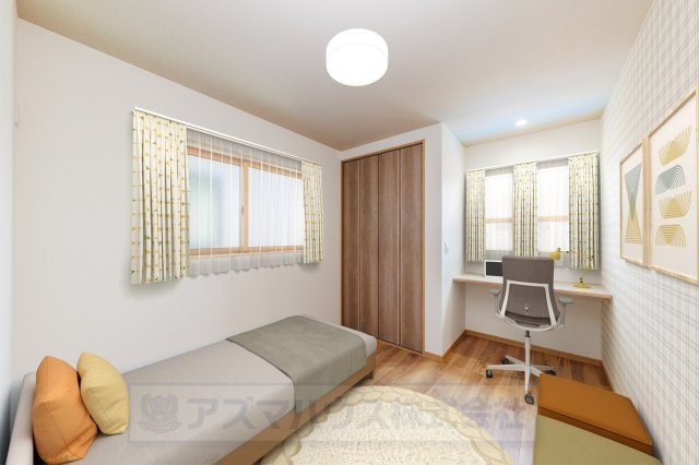 【洋室】 | ライフフィールド美原区黒山　2号地 | チェック柄のクロスが可愛らしい、5.2帖の洋室！随所に収納が備わり、お部屋も広くスッキリ使える嬉しい設計です。※実際の室内写真にCGで家具等を配置しております。