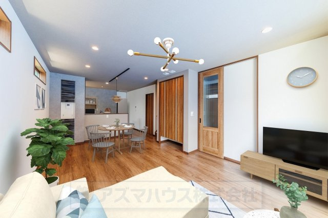 【居間・リビング】 | ライフフィールド美原区黒山　2号地 | リビングの扉はガラス扉を採用！玄関の様子を伺え、室内が直接見えないのでプライバシーも守られます。※実際の室内写真にCGで家具等を配置しております。