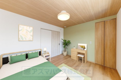 【寝室】 | ライフフィールド美原区黒山　1号地 | 7帖の主寝室！グリーン×木目調の色合いが癒しの寝室を演出。東向きの窓から朝日が差し込み、目覚めを助けてくれそうです。※実際の室内写真にCGで家具等を配置しております。
