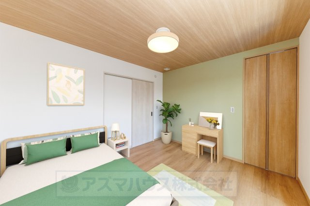 【寝室】 | ライフフィールド美原区黒山　1号地 | 7帖の主寝室！グリーン×木目調の色合いが癒しの寝室を演出。東向きの窓から朝日が差し込み、目覚めを助けてくれそうです。※実際の室内写真にCGで家具等を配置しております。