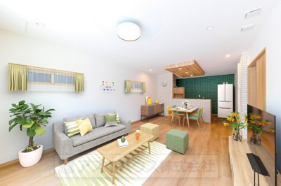 【居間・リビング】 | ライフフィールド美原区黒山　1号地 | ダイニングテーブルやソファーなどの家具もゆったりと配置可能！木の温もりが感じられるナチュラルな雰囲気です。※実際の室内写真にCGで家具等を配置しております。