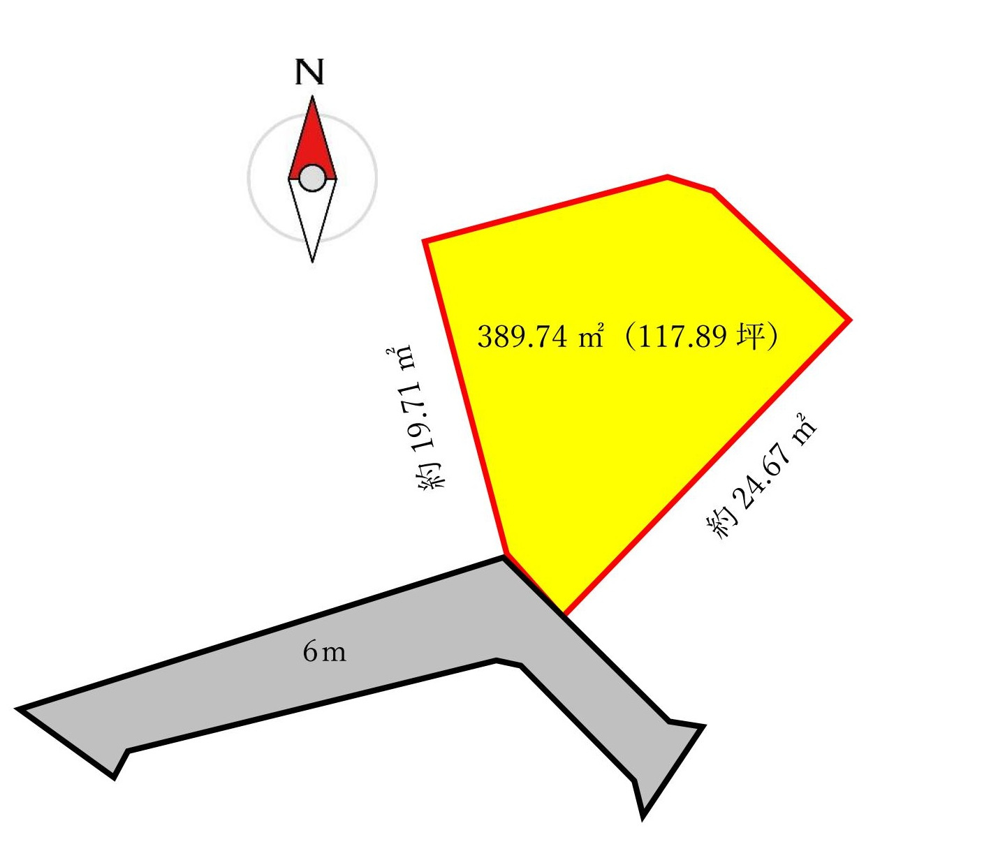 桜川市富士見台389.74㎡売地の土地図|間口（道路と土地が接している部分）は５ｍになります。