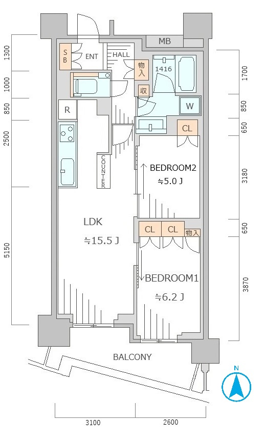 プラウド高田馬場の間取り|☆整形でレイアウトしやすい振分2LDK☆