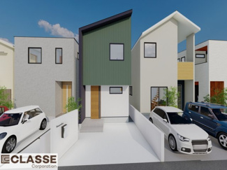 【外観パース】 | 城陽市平川長筬　売土地　建築条件付き | ・参考プラン価格：1850万（別途外構費154万、造成費-万等）
・建物価格は参考価格になります。
（弊社標準建物21坪で計算した価格です）
・参考プラン延床面積：67.66㎡