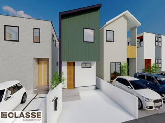 【完成予想図】 | 城陽市平川長筬　売土地　建築条件付き | 標準仕様（アトリエスタイルハウス仕様）で断熱材は気密性、断熱性能も高い、吹付断熱を採用。屋根断熱を実現していますので、お家全体が冬はあったかく、夏は涼しいお家づくりが可能です。