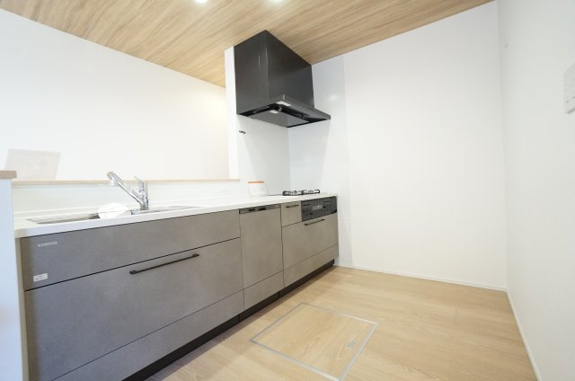 常滑市榎戸町2期　2号棟のキッチン|スタイリッシュで美しいシステムキッチンは、キズに強い人造大理石のワークトップ！
