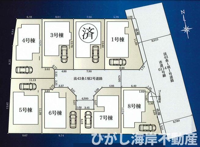 茅ヶ崎市萩園　新築戸建　全8棟の区画図|対象地は8号棟です。
