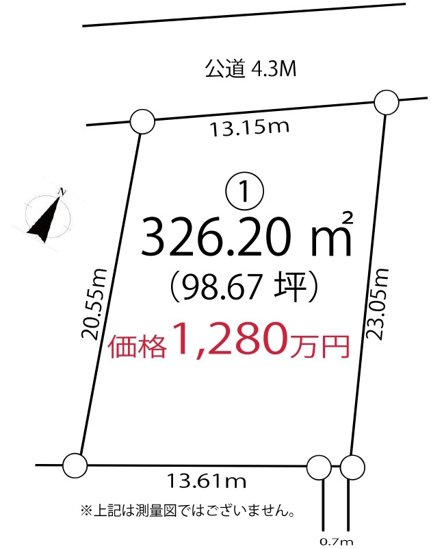 敷地面積９８坪　売地　川越市小堤の土地図|区画図　№①　敷地面積は広々98坪以上！建築条件なし！お好きなハウスメーカーで建築可能です♪高台・日当たり良好です♪