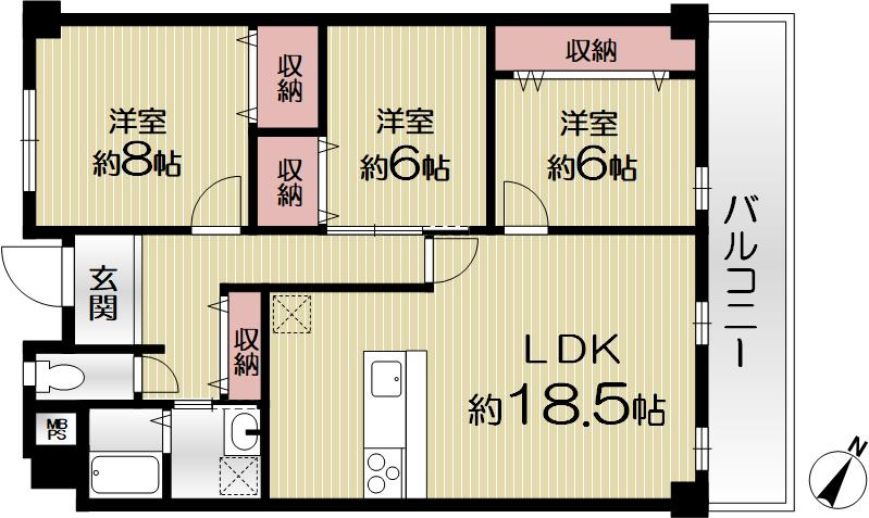 住吉川ハイツの間取り|居室は全て洋室、収納があります。
